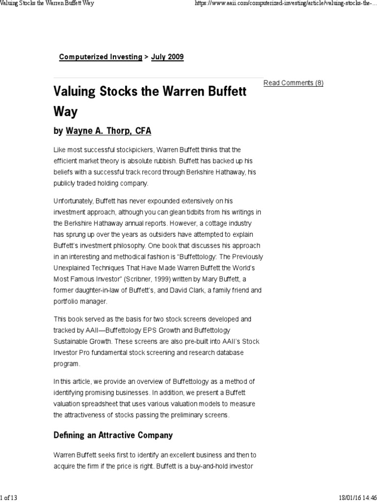 Valuing Stocks The Warren Buffett Way | PDF | Value Investing | Investing