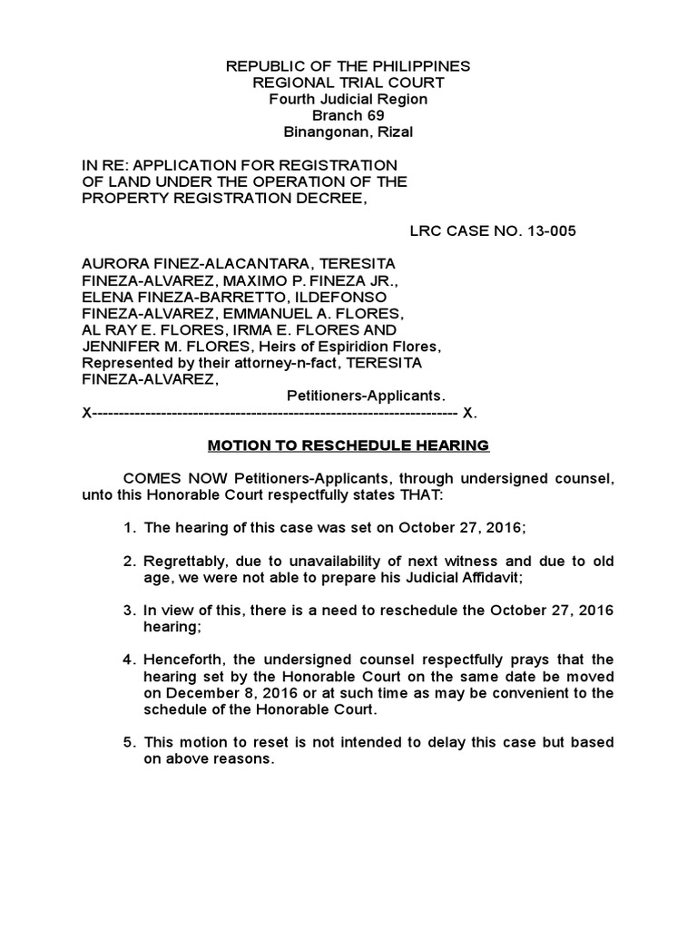 Motion To Reschedule Hearing PDF