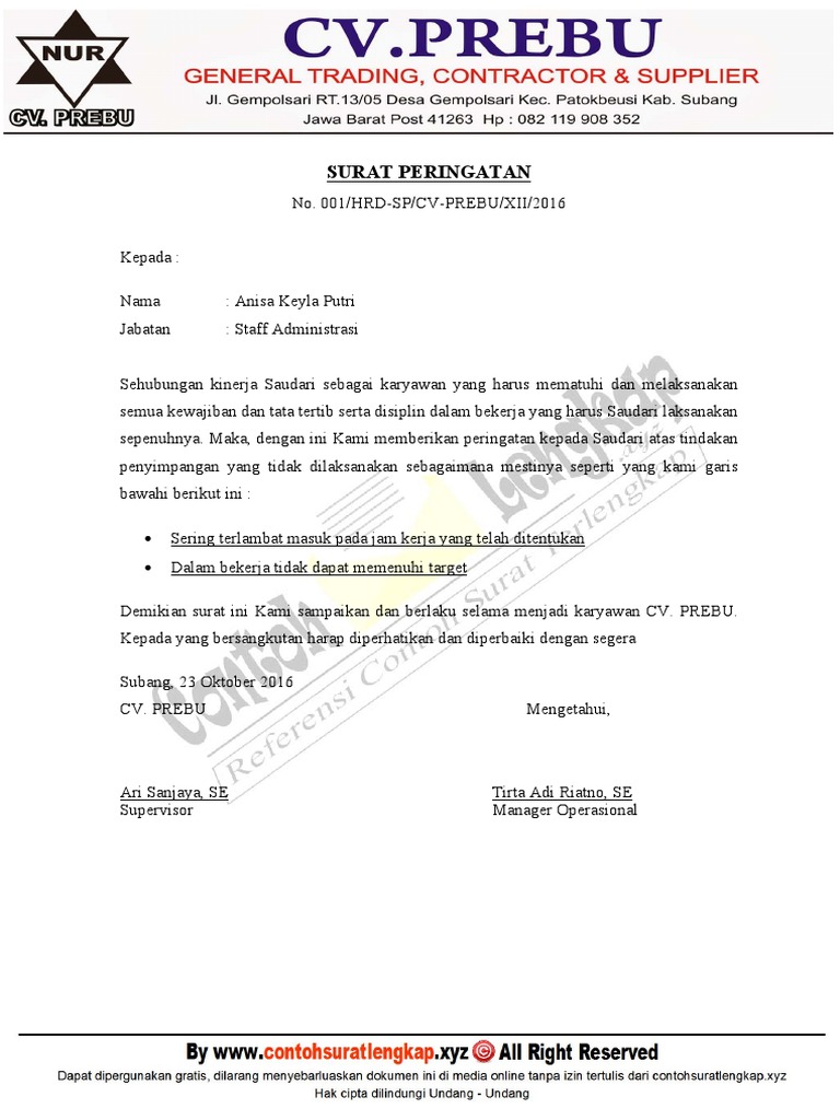 Contoh Surat Peringatan Kerja SP 1 2 3