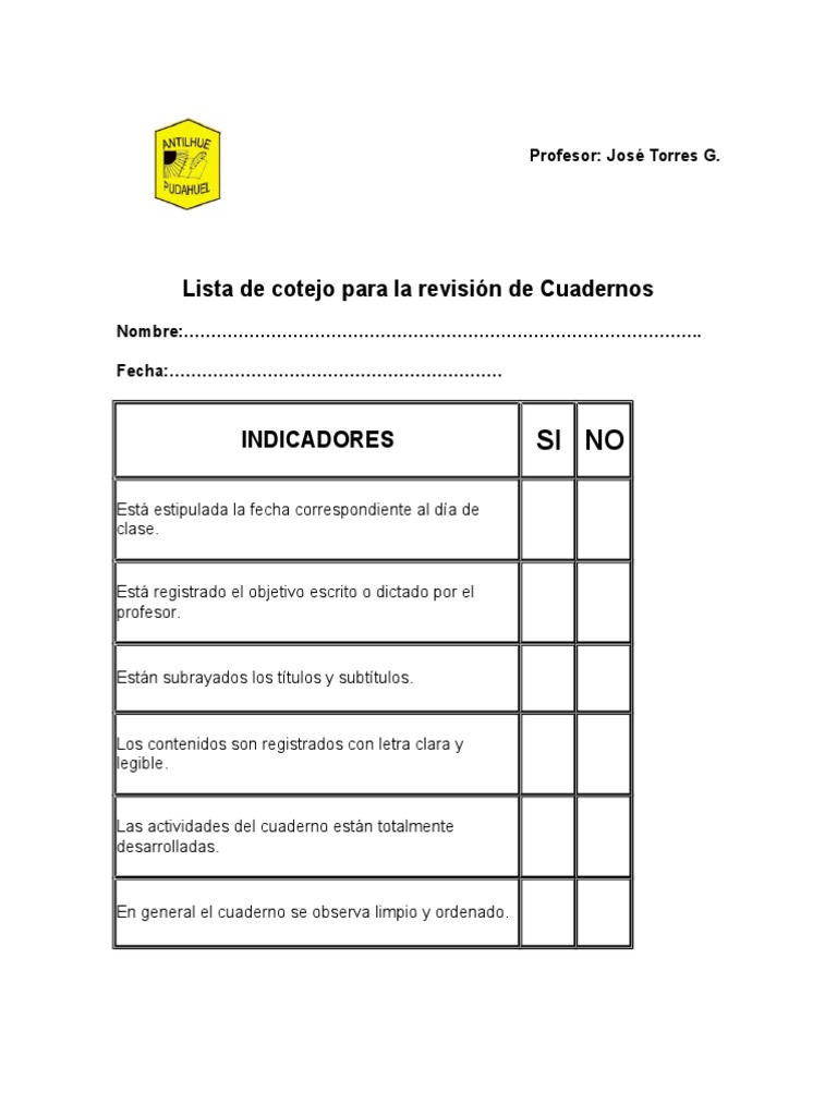Lista de Cotejo Revision de Cuadernos | PDF