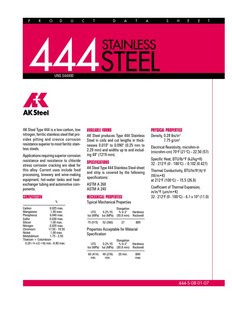 444 Data Sheet | PDF | Stainless Steel | Steel