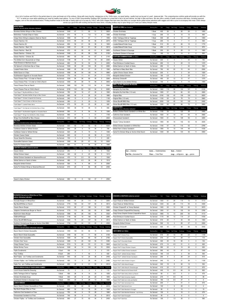 Chilis Nutrition Menu Generic - 2010 | PDF | French Fries | Eating ...