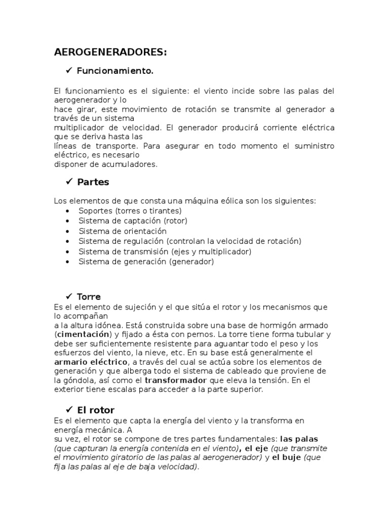 Partes y Funcionamiento de Aerogeneradores | PDF | Turbina eólica ...