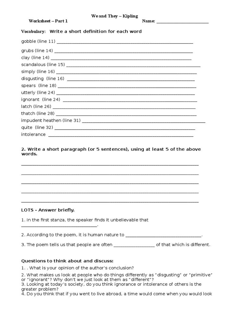 We and They Kipling Worksheet Part 1 Name Vocabulary PDF