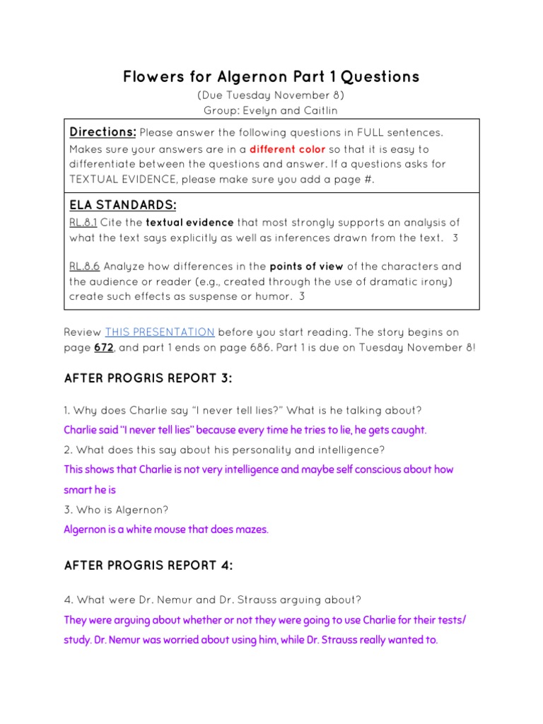 Flowers For Algernon Part 1 Questions Directions PDF