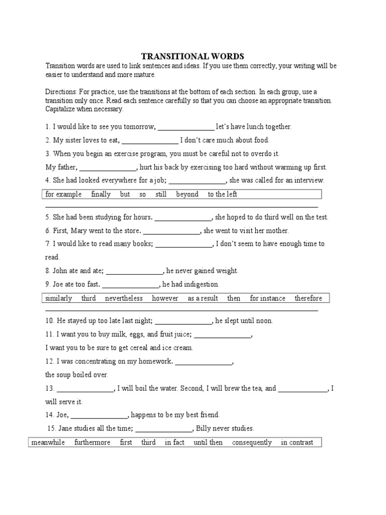 Transitions Worksheet PDF