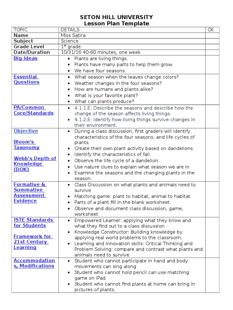 Seton Hill University Lesson Plan Template: Name Subject Grade Level ...