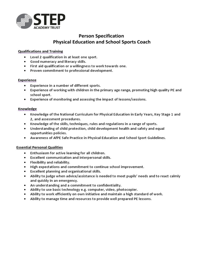 Sports Coach Person Specification