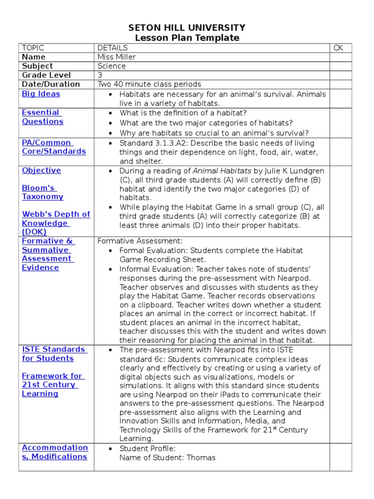 Seton Hill University Lesson Plan Template: Name Subject Grade Level ...