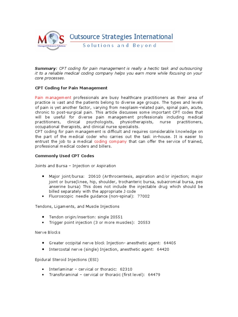 Pain Management CPT Coding Overview | PDF | Pain Management | Injection ...