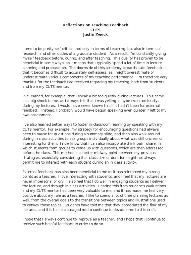Teaching Feedback Reflections and Insights | PDF | Quality Of Life ...