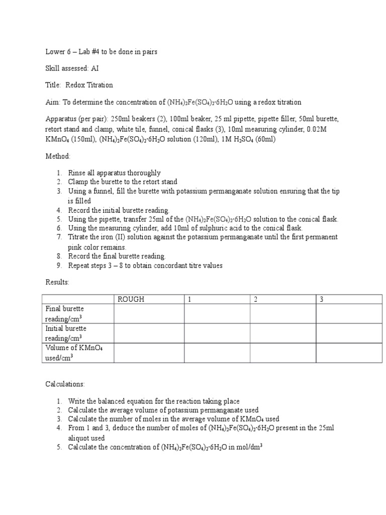 Lower 6 Lab 4 Redox Titration Titration Redox