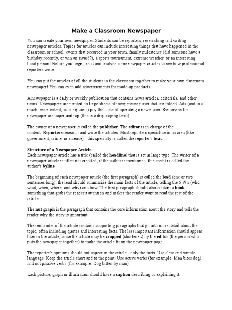 Make A Classroom Newspaper PDF Newspapers News