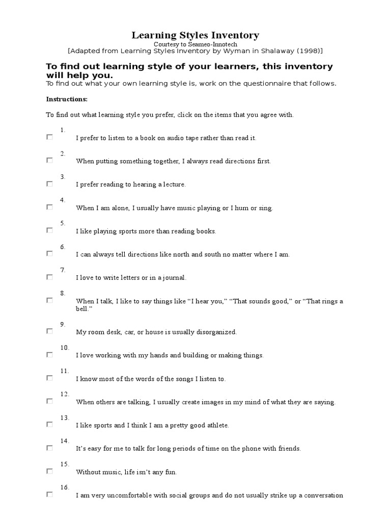 Learning Styles Inventory for Students | PDF | Learning Styles ...