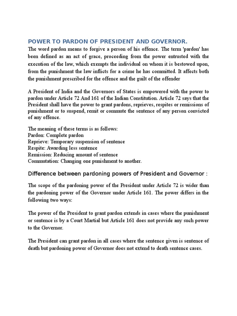 Power to Pardon of President and Governor Pardon Punishments
