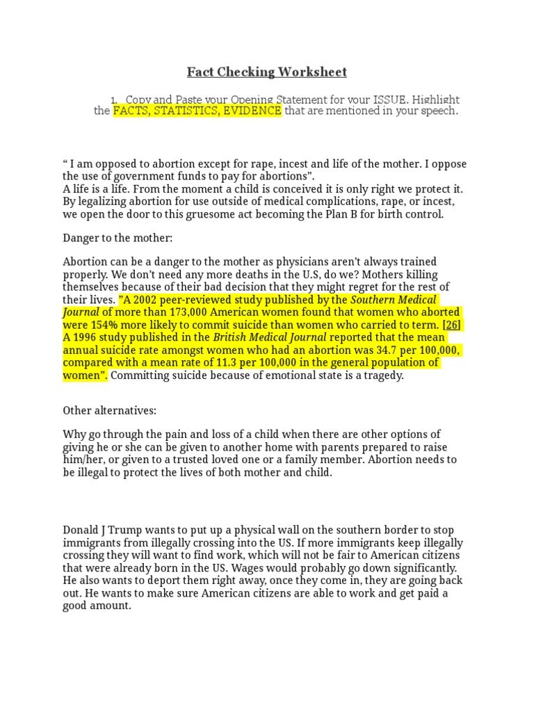 Fact-Checking Worksheet on Abortion & Immigration | PDF | Abortion ...
