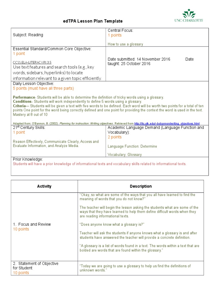 Glossary Usage Lesson Plan Template | PDF | Educational Assessment ...