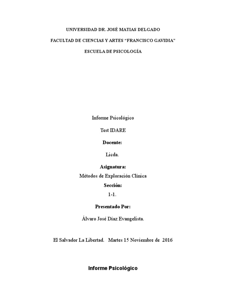 Informe Psicológico: Test IDARE | PDF | Depresión (estado de ánimo ...