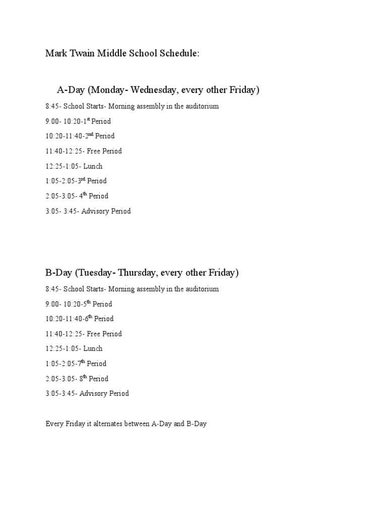 Mark Twain Middle School Daily Schedule | PDF | Foreign Language Studies
