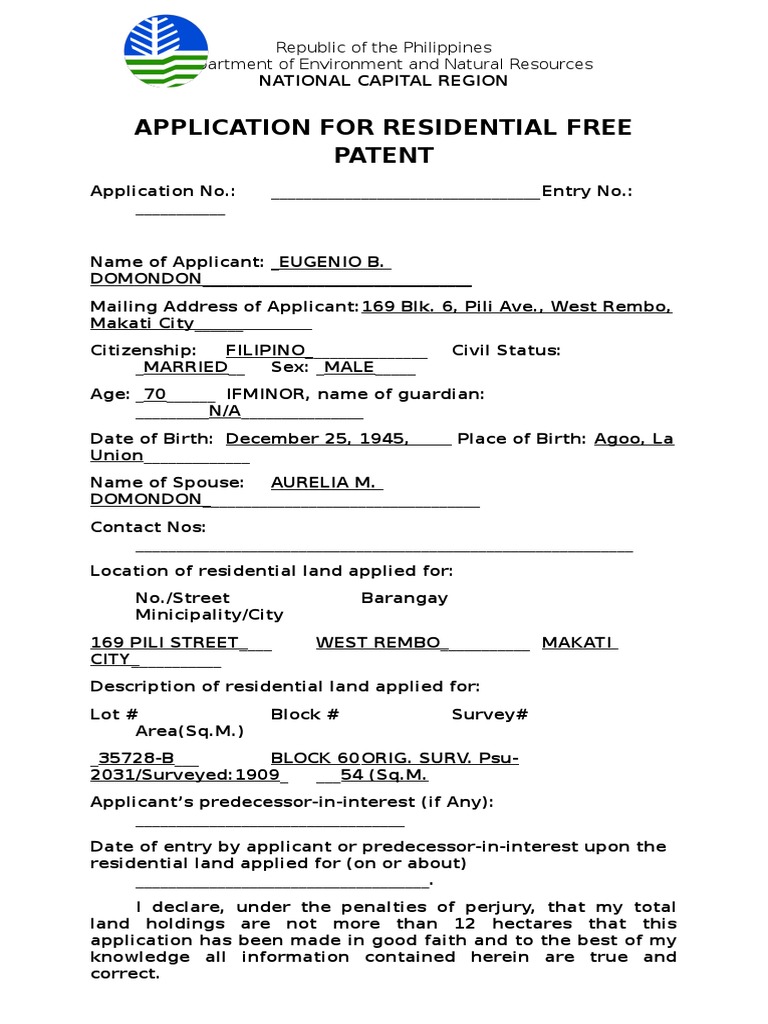 Application For Residential Free Patent PDF