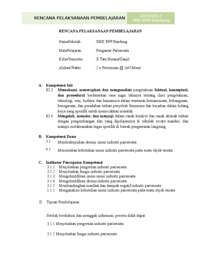 RPP Skema Dan Unsur Pariwisata | PDF