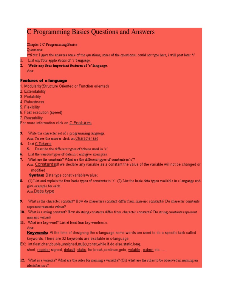 C Programming Basics Questions and Answers | PDF | C (Programming ...