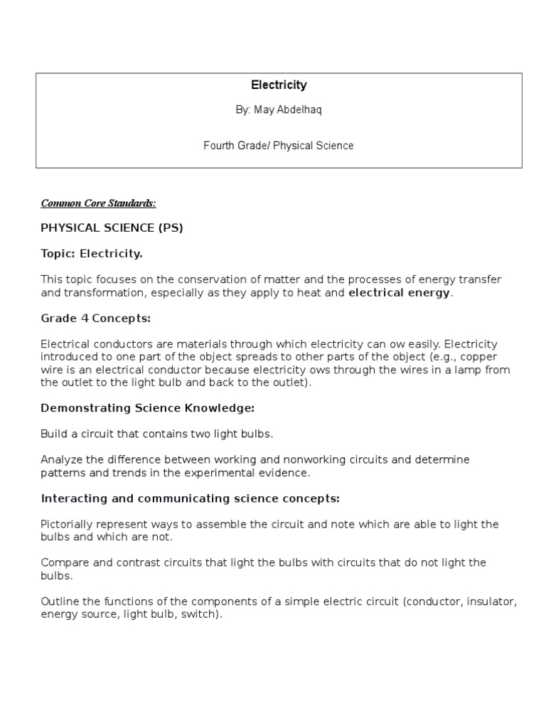 Fourth Grade Electricity Lesson Plan | PDF