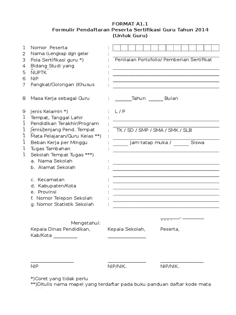 Format A1 Formulir Pendaftaran Peserta Sertifikasi Guru ...