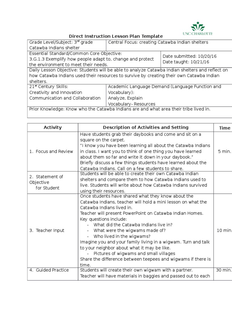 Catawba Indian Shelter Lesson Plan | PDF | Lesson Plan | Quality Of Life