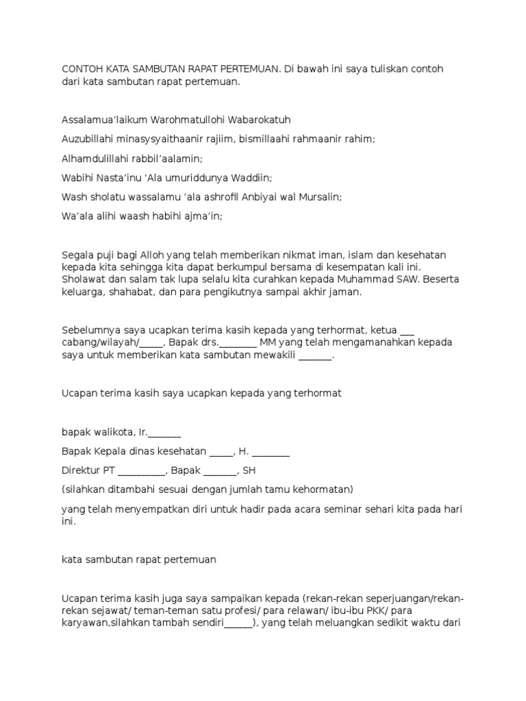 Contoh Kata Sambutan Rapat Pertemuan