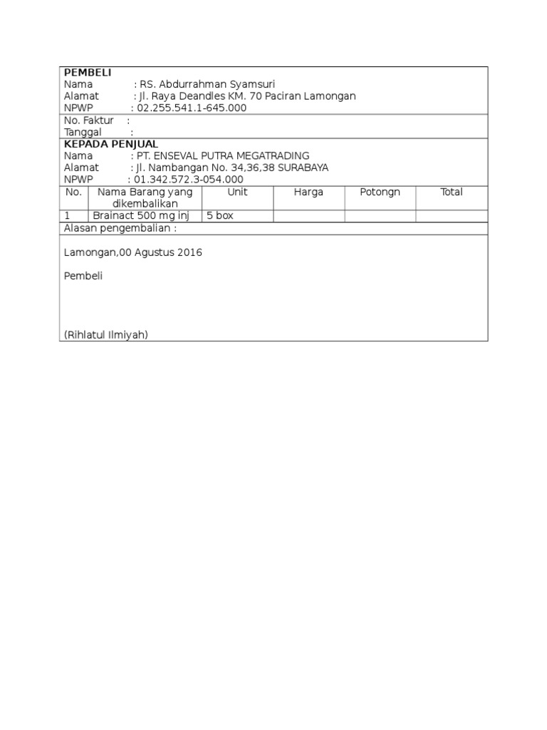 Surat Retur Barang Contoh surat retur pengembalian barang.
