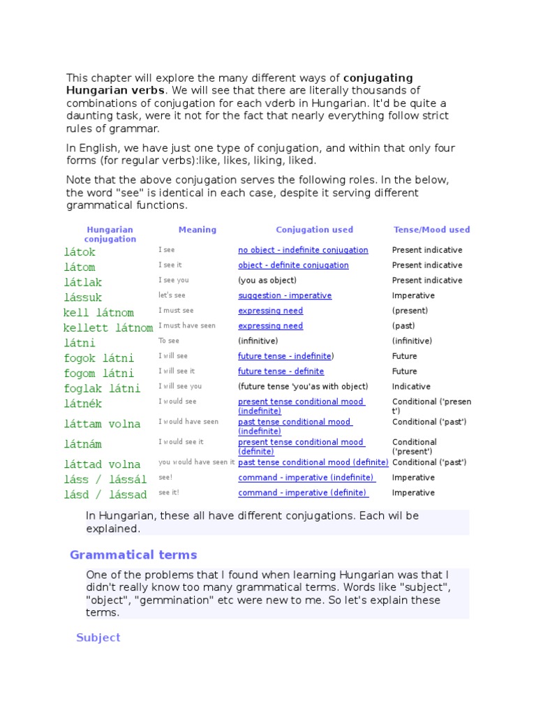This Chapter Will Explore the Many Different Ways of Conjugating Hungarian Verbs Grammatical