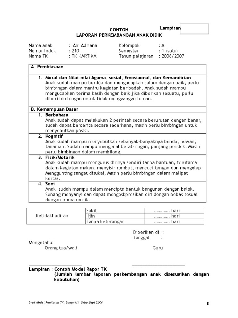 Contoh Laporan Perkembangan Anak Didik