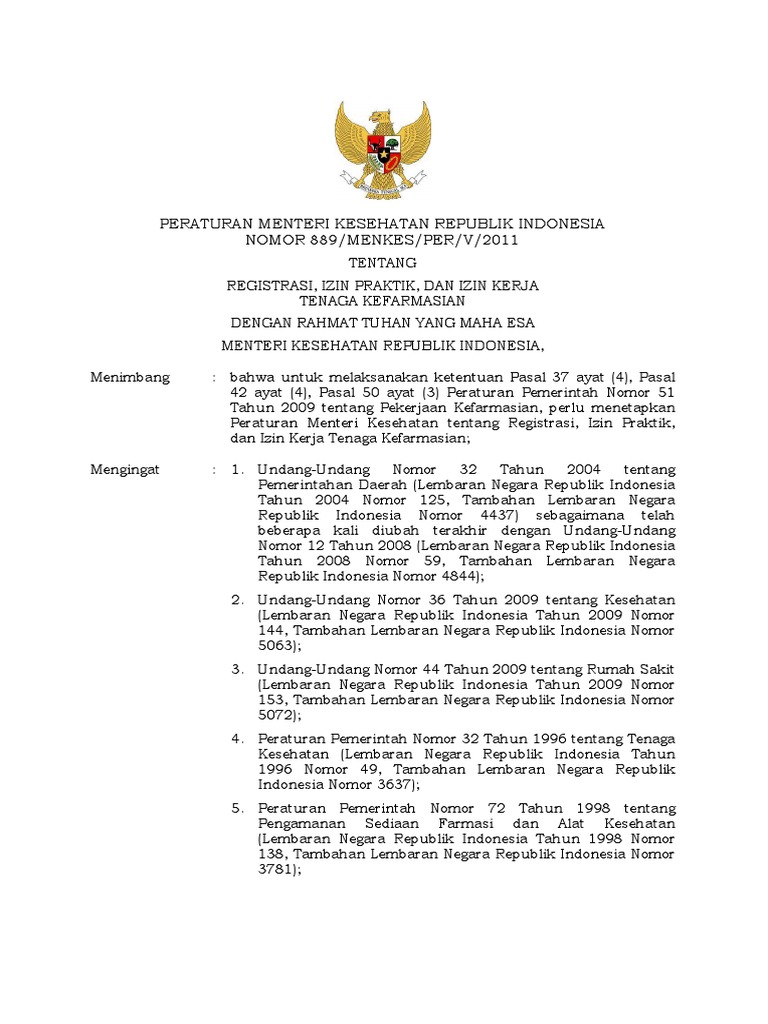 Permenkes 889-2011 Registrasi, Izin Praktek & Izin Kerja 