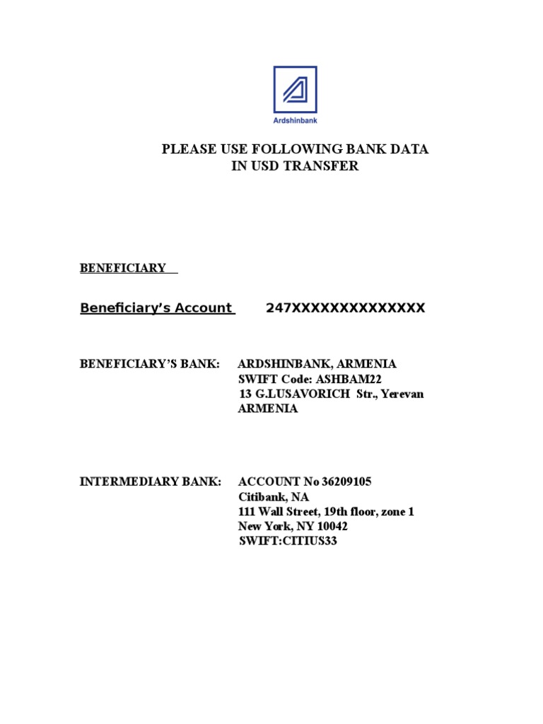 Please Use Following Bank Data in Usd Transfer: Ardshinbank, Armenia | PDF