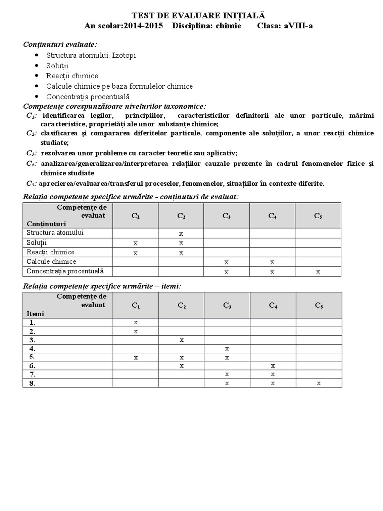 Test Initial Chimie VIII | PDF