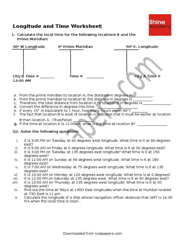 Longitude and Time Worksheet PDF Longitude Geomatics