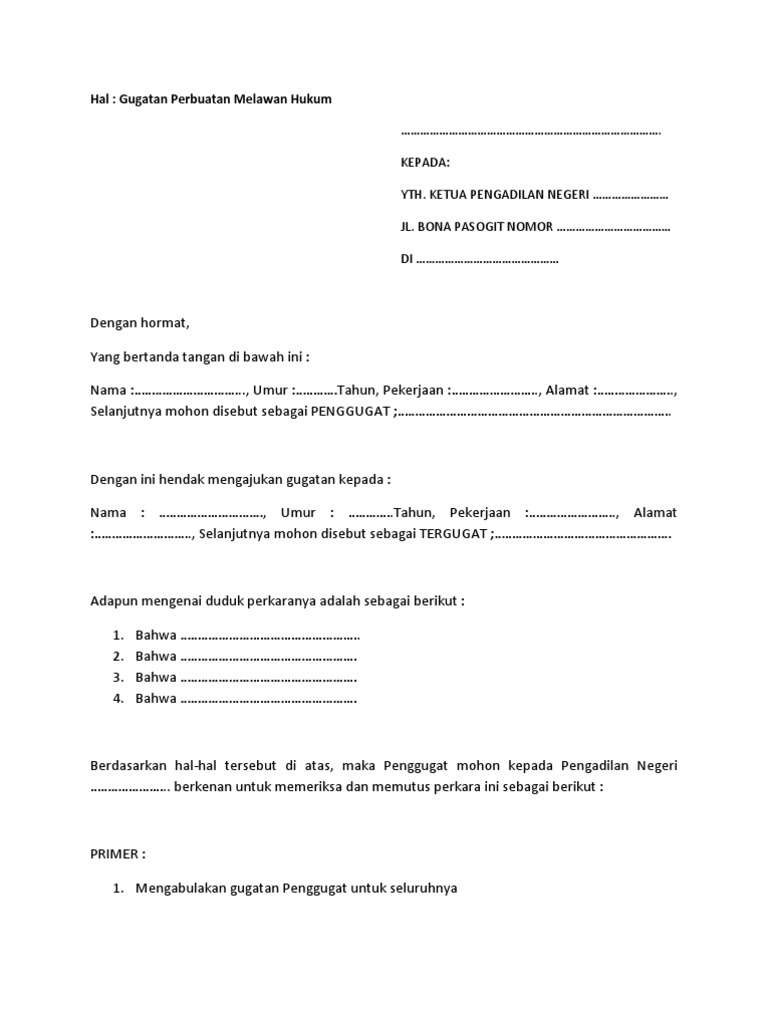 Format Surat Gugatan Melawan Hukum