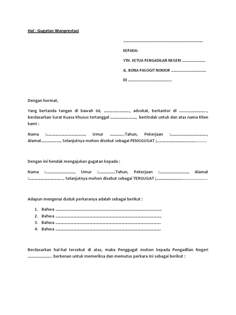 Format Surat Gugatan Wanprestasi Pdf