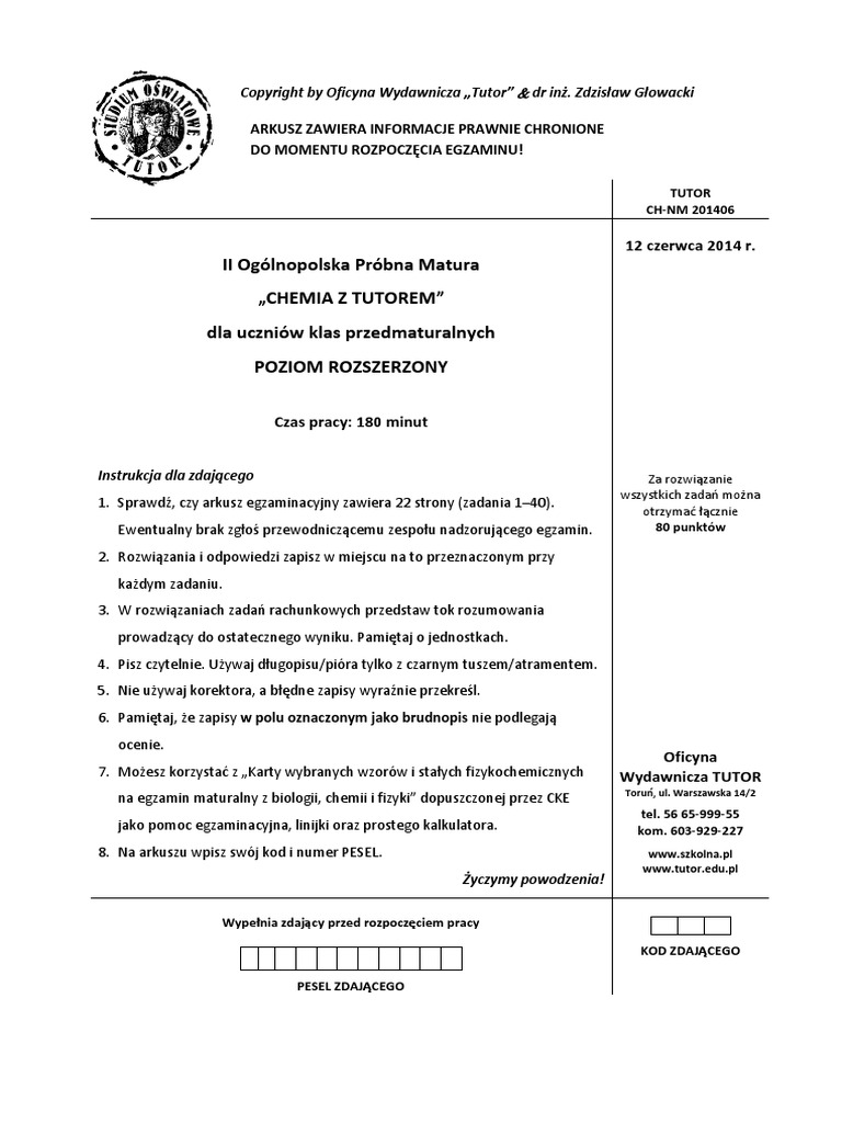 Próbna Matura Chemia 2014 Cke Odpowiedzi