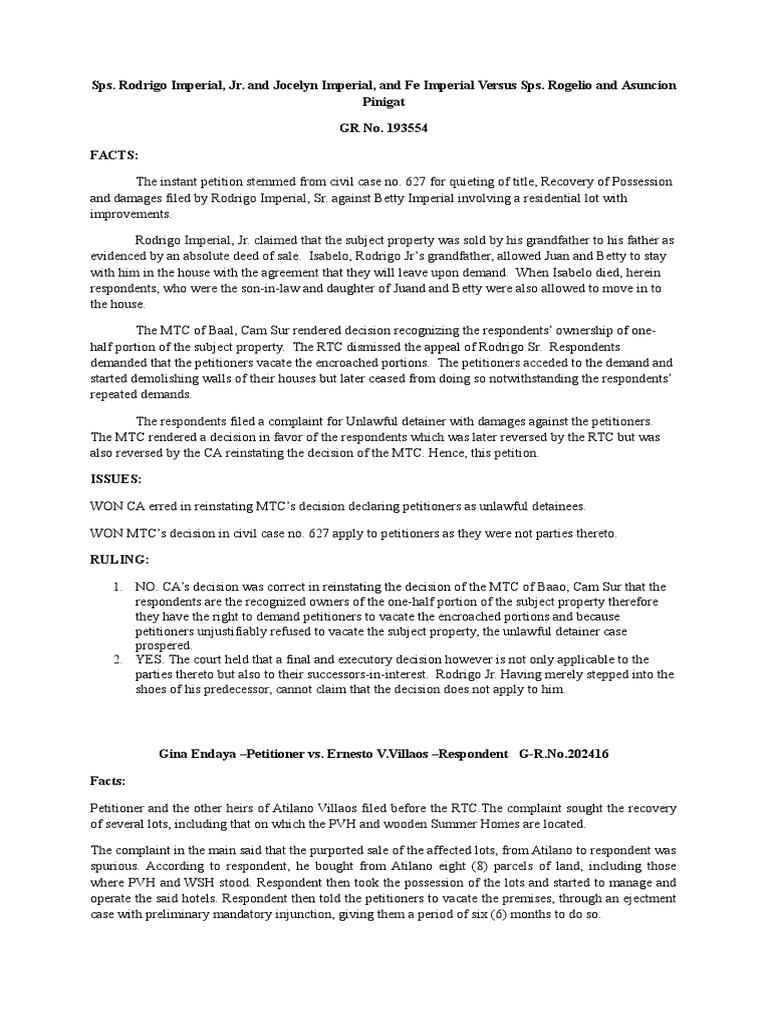 Property Disputes and Ejectment Cases Summary | PDF | Certiorari | Eviction