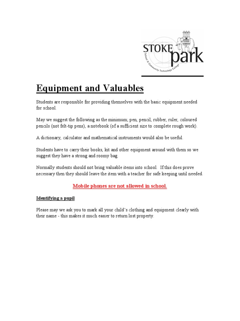 Equipment and Valuables | PDF