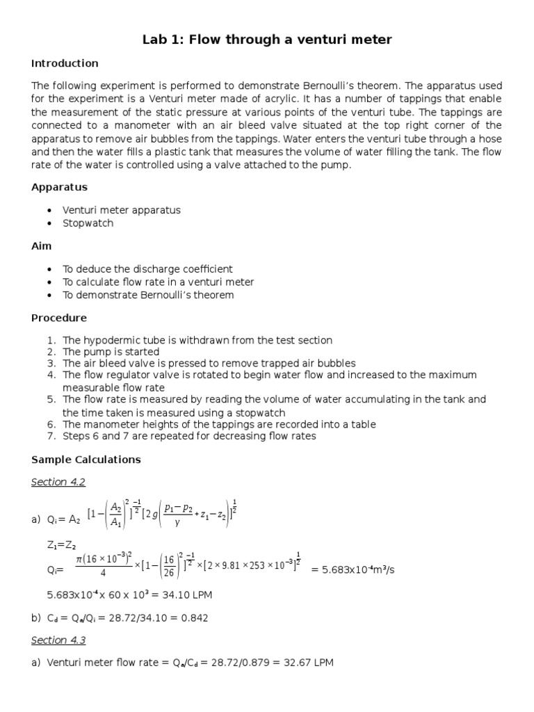 Lab 1 Flow Through a Venturi Meter Fluid Mechanics Liquids