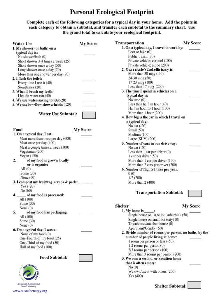 Personal Ecological Footprint Quiz  PDF  Refrigerator With Ecological Footprint Calculator Worksheet