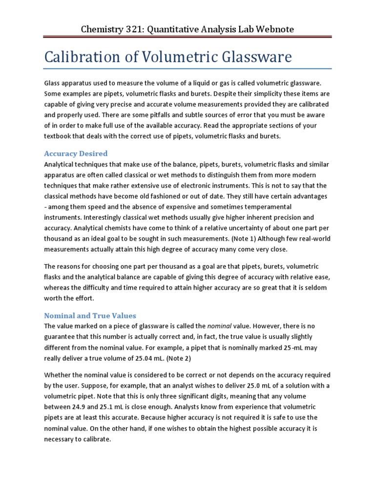 Calibration of Volumetric Glassware Chemistry 321 Quantitative