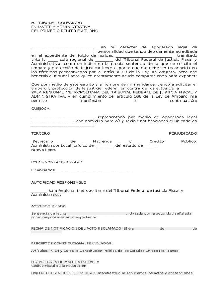 Demanda de Amparo Directo Federal | PDF | Demanda judicial | Ley ...