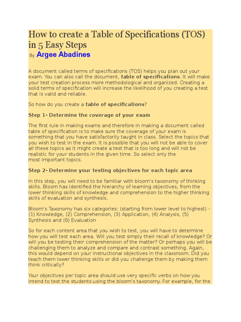 How to Create a Table of Specifications Test (Assessment) Reading
