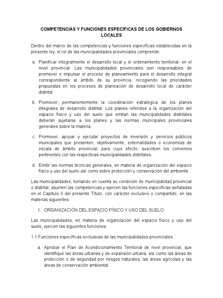Competencias y Funciones Específicas de Los Gobiernos Locales | PDF ...