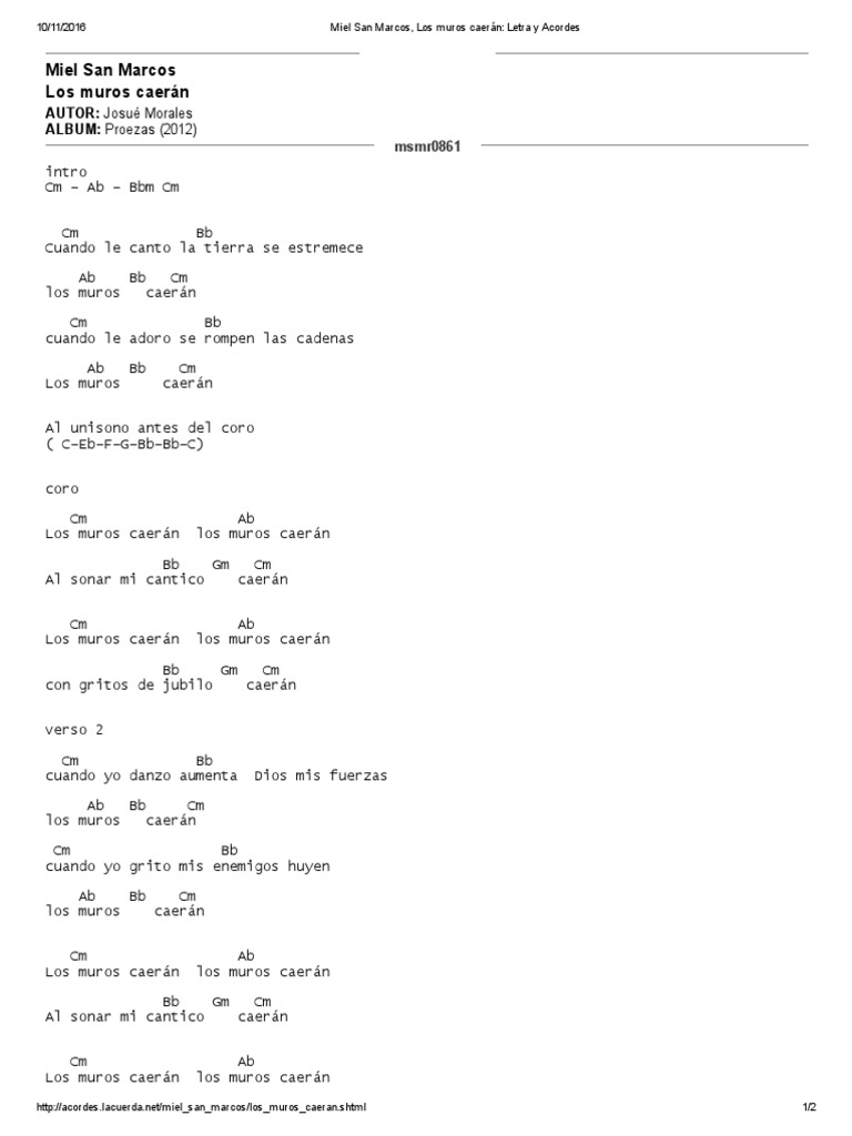 Miel San Marcos Los Muros Caeran Letra Y Acordes Entretenimiento General Partitura rey vencedor miel san marcosdescripción completa. miel san marcos los muros caeran