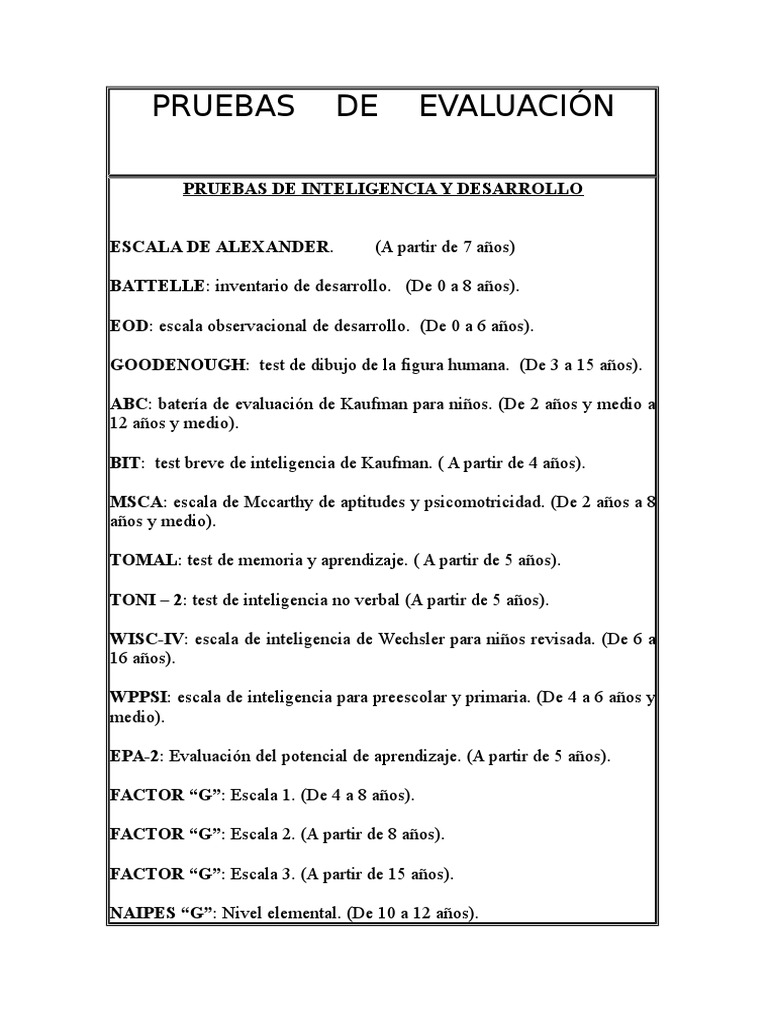Listas De Pruebas Test Para Evaluar A Ninos Pdf Educacion Primaria Afasia